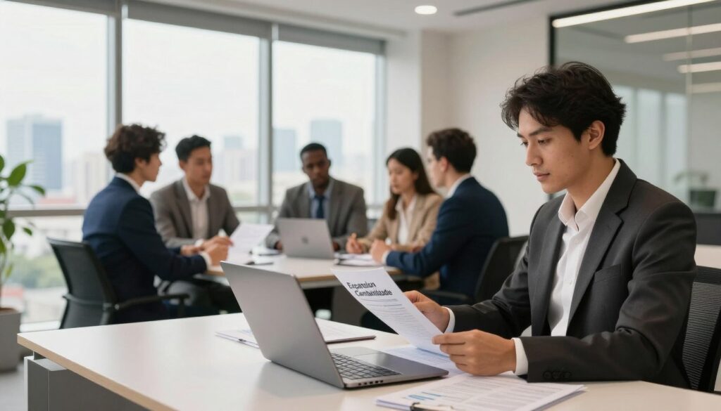 A professional office environment showcasing "Expansion Contabilidade" in São Bernardo do Campo. In the foreground, a well-dressed accountant reviews financial documents at a sleek, modern desk with a laptop open. The middle ground features a group of diverse professionals engaged in a discussion, all dressed in business attire, conveying an atmosphere of collaboration and expertise. The background reveals a bright, contemporary office space with large windows, revealing a view of São Bernardo do Campo's skyline. Soft, natural lighting filters through the windows, creating a warm, inviting ambiance. The scene embodies professionalism, trust, and the essence of quality accounting services.
