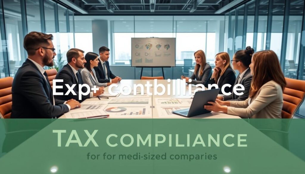 A professional office environment showcasing "Expansion Contabilidade" providing tax compliance consulting for medium-sized companies. In the foreground, a diverse team of well-dressed business professionals engaged in a discussion, with one person presenting data on a laptop. The middle ground features a modern conference table adorned with financial documents and charts, symbolizing strategic planning. The background reveals a sleek office with large windows, allowing natural light to flood the room, creating an inviting and productive atmosphere. The overall mood is focused and collaborative, reflecting expertise and professionalism in tax compliance. The image is well-lit and captures a dynamic angle that emphasizes teamwork and consultation.