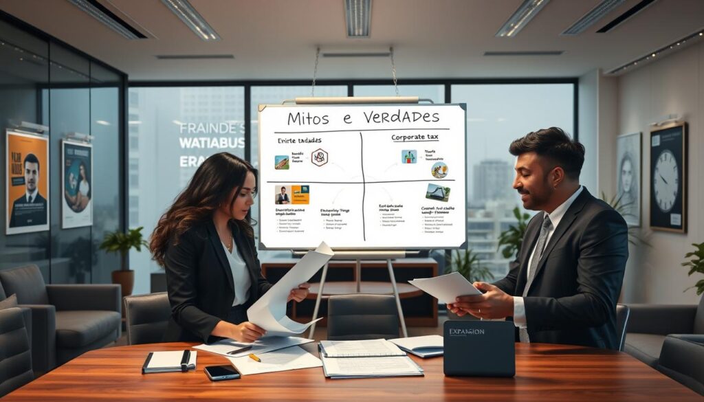 A professional office environment showcasing a modern workspace with a focus on the themes of taxation and business financial management. In the foreground, a diverse group of three business professionals—one woman and two men—are engaged in a discussion, analyzing financial documents. They are dressed in professional business attire. In the middle ground, a large whiteboard displays a diagram contrasting "Mitos e Verdades" about corporate taxation, with visuals representing different tax regimes. The background features sleek office furnishings, large windows letting in natural light, and motivational business posters. The atmosphere is dynamic and focused, evoking a sense of collaboration and problem-solving. Include a subtle reference to "Expansion Contabilidade" in a branded item on the desk without any text overlays. Soft, warm lighting enhances the inviting and professional mood.