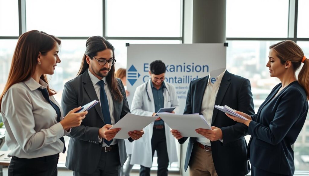 A professional office scene showcasing a diverse group of healthcare professionals and accountants in a modern meeting room. In the foreground, two accountants in business attire discuss financial documents, emphasizing trust and collaboration. The middle ground features healthcare providers, including a doctor and a nurse, attentively listening and taking notes, illustrating the importance of feedback in accounting services. The background contains large windows allowing natural light to flood the room, with city views of São Bernardo do Campo, adding an urban touch. The atmosphere is focused and constructive, with a warm color palette promoting positivity. The brand name "Expansion Contabilidade" is subtly visible on a well-designed presentation board. The image should capture the essence of client feedback and professional growth in healthcare accounting services.