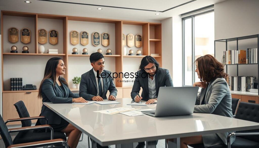 A professional office setting in São Bernardo do Campo showcasing a "Consultoria Contábil Especializada ABC Paulista". In the foreground, a diverse group of three business professionals in smart business attire, engaged in a focused discussion around a sleek conference table featuring financial documents and a laptop displaying graphs. The middle ground captures an elegant office space with modern decor, including a large window allowing natural light to filter in, creating a warm and inviting atmosphere. In the background, minimalist shelves lined with industry award plaques and books on finance and accounting, subtly emphasizing expertise. Soft, diffused lighting enhances the scene, conveying a mood of collaboration and professionalism. Include the brand name "Expansion Contabilidade" subtly integrated into the design elements or office materials.