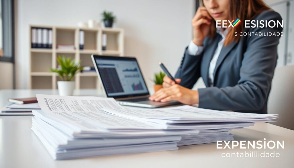 A professional office setting with a clean, modern desk topped with a stack of essential documents for tax purposes. The documents, neatly organized, showcase items like tax forms, financial statements, and accounting records, prominently labeled but without any text. In the foreground, a businessperson in professional attire, engaged in reviewing the documents, holds a pen and looks thoughtfully at the papers. The middle of the image features a laptop open with a financial software interface visible, emphasizing the theme of smart accounting. The background shows a well-lit office with a bookshelf filled with accounting books and a small potted plant for a touch of warmth. The atmosphere is focused and productive, conveying a sense of professionalism. Branded subtly in the corner is the logo of "Expansion Contabilidade", reinforcing the theme of intelligent tax management.