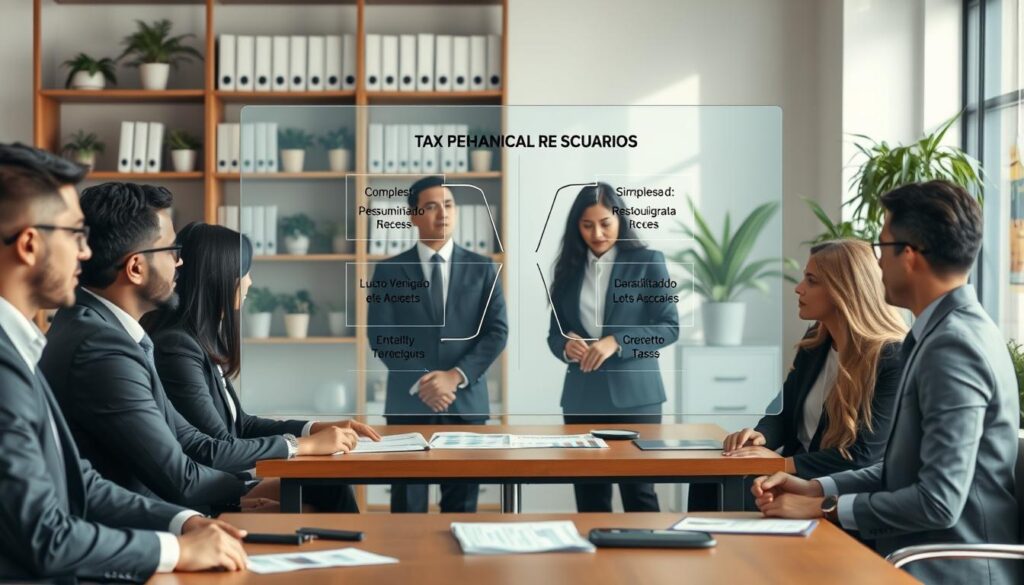 A professional setting depicting a financial analysis scenario focused on tax regimes. In the foreground, a diverse group of business professionals in smart business attire, including men and women of different ethnicities, engaged in a discussion with charts and graphs on a table. In the middle ground, a transparent screen displaying complex tax scenario illustrations, such as "Lucro Presumido" and "Simples Nacional," with arrows indicating various outcomes. The background shows a modern office with shelves filled with accounting books and plants, creating a clean, organized atmosphere. Soft, natural lighting enhances the professionalism of the scene. The brand name "Expansion Contabilidade" subtly integrated into the modern office design, reinforcing a sense of professionalism in São Bernardo do Campo.
