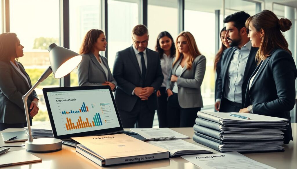 A professional setting depicting the onboarding process for accounting services at "Expansion Contabilidade." In the foreground, a diverse group of professionals in business attire, engaged in a discussion around a large, open laptop displaying colorful graphs and documents. In the middle, an organized workspace with neatly arranged folders, documents labeled 'Onboarding' and 'Accounting Records,' and a modern desk lamp casting soft light. The background features a glass wall with a view of São Bernardo do Campo, with soft sunlight streaming in, creating an upbeat and productive atmosphere. The focus is on clarity and professionalism, emphasizing teamwork and growth in a contemporary office environment. The mood is collaborative and optimistic, with a sharp, clean composition.