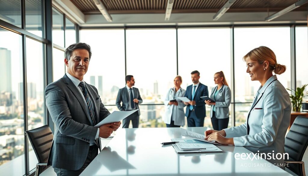 A serene office environment illustrating "Contabilidade para médicos e clínicas" in São Bernardo do Campo. In the foreground, a confident financial consultant, dressed in professional business attire, reviews financial documents at a sleek, modern desk. In the middle, a diverse group of healthcare professionals, including a doctor and a nurse in business casual clothing, engage in discussion about financial strategies. The background features large windows allowing natural light to pour in, showcasing a view of a bustling cityscape, symbolizing growth and opportunity. Soft, warm lighting creates a welcoming atmosphere, while the brand "Expansion Contabilidade" is subtly integrated into the decor. The overall mood conveys professionalism and collaboration in the healthcare sector, focused on optimizing accounting practices and tax efficiency.