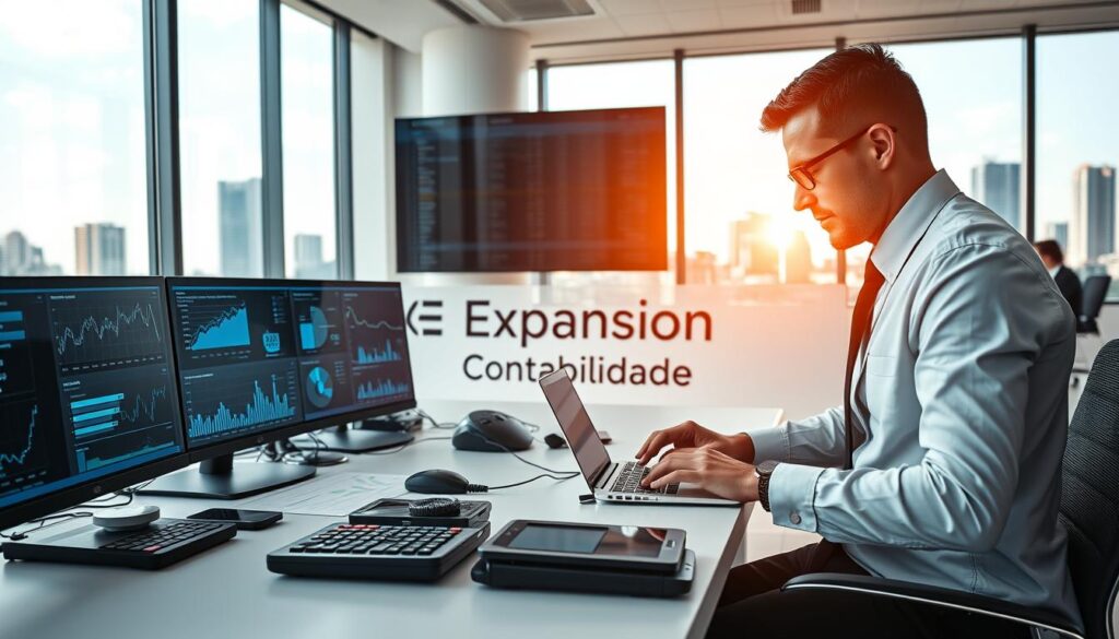 A sleek office space showcasing advanced technology in finance and accounting. In the foreground, a professional dressed in business attire analyzes financial data on a laptop, surrounded by digital screens displaying graphs and charts. The middle ground features an organized desk with modern accounting tools like calculators and tablets, with the brand name "Expansion Contabilidade" subtly integrated into the workspace design. The background displays a city skyline of São Bernardo do Campo, with natural light streaming through large windows, creating a bright and open atmosphere. The mood is focused and innovative, capturing the essence of technology in accounting solutions, emphasizing efficiency and clarity in financial management. The image should be sharp, with a clean composition and a professional aesthetic.