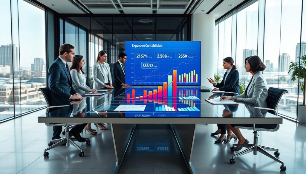A sophisticated and dynamic office environment depicting strategic and consultative accounting with a focus on growth analytics. In the foreground, a diverse team of professional consultants, dressed in business attire, collaborates around a sleek conference table displaying vibrant growth graphs and charts related to "Expansion Contabilidade". In the middle ground, a large interactive screen showcases impressive upward trends in financial performance metrics. The background features modern office elements such as glass walls and city views of São Bernardo do Campo, highlighting a professional and progressive atmosphere. Soft, natural lighting enhances the collaborative mood, while the wide-angle perspective provides depth and emphasizes teamwork and expertise in accounting strategies.
