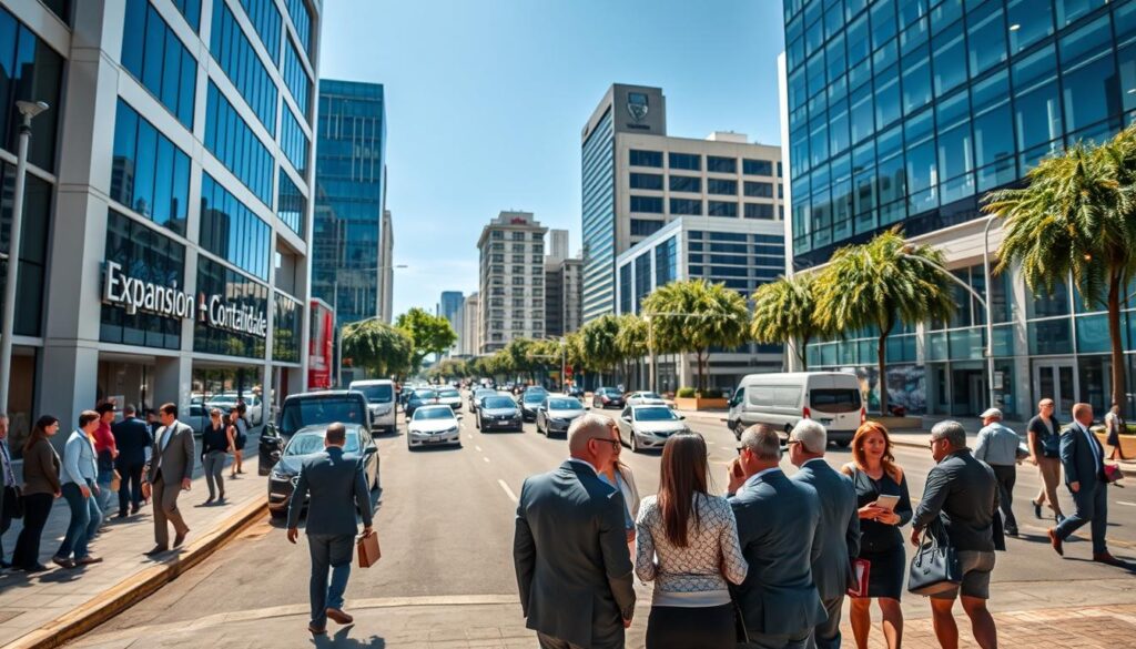 A vibrant street scene in São Bernardo do Campo, showcasing the bustling atmosphere of a financial district. The foreground features a diverse group of professionals in business attire engaging in conversation outside a modern office building with the logo of “Expansion Contabilidade” prominently displayed. In the middle ground, sleek vehicles and light traffic flow along well-maintained roads, while pedestrians carry briefcases and laptops. The background includes contemporary glass buildings under a clear blue sky, capturing the essence of a thriving business environment. Soft sunlight enhances the scene, casting dynamic shadows and creating an inviting mood that reflects community and professional synergy.