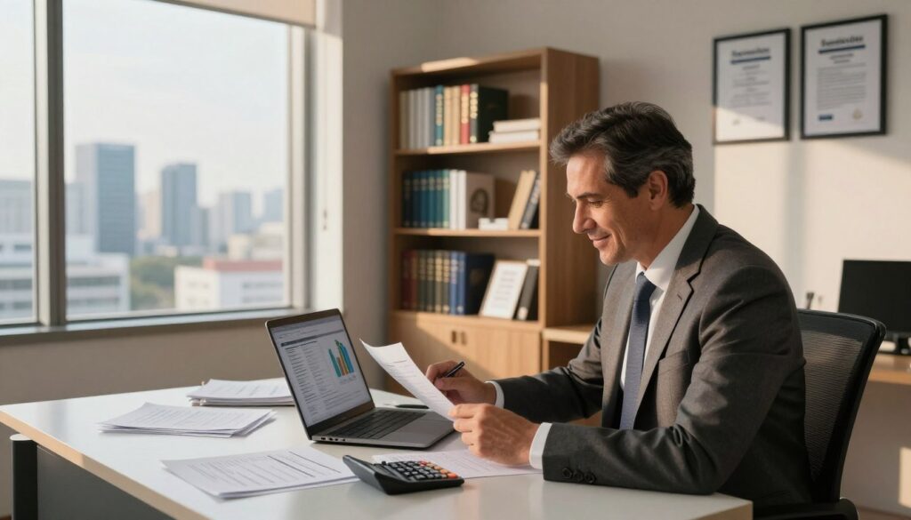 A well-dressed accountant in a modern office setting, overlooking São Bernardo do Campo's skyline through a large window. In the foreground, the accountant, a middle-aged man in professional attire, is sitting at a sleek desk cluttered with tax documents, calculators, and a laptop displaying charts. He appears focused, analyzing numbers with a slight smile, symbolizing confidence in tax savings. In the middle background, shelves filled with accounting books and framed certificates indicate professionalism and expertise. The warm afternoon light creates a cozy atmosphere, casting soft shadows across the room, emphasizing a sense of trust and reliability. The brand name "Expansion Contabilidade" is subtly incorporated into the design of the office space, reinforcing the brand’s identity in providing tax assistance.
