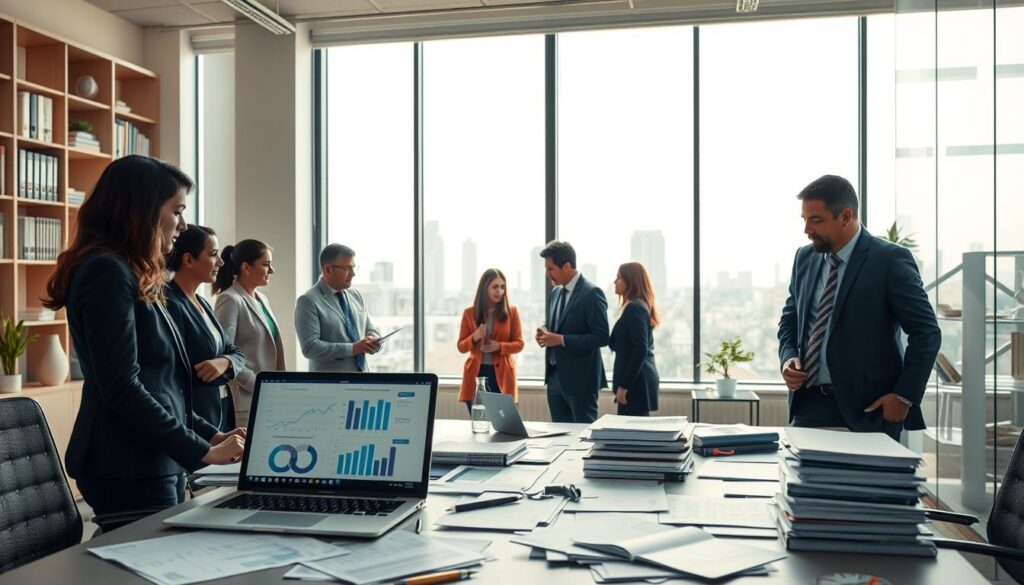 A well-lit office setting in São Bernardo do Campo, showcasing a professional accounting workspace for "Expansion Contabilidade." In the foreground, focus on a modern desk cluttered with financial documents, reports, and a laptop displaying charts and graphs. A diverse group of business professionals, dressed in smart business attire, collaborates, discussing tax optimization strategies and planning. In the middle ground, a large window reveals the city skyline, bathed in soft daylight that enhances the productive atmosphere. The background features shelves filled with accounting books and stylish decorations. The scene conveys a sense of professionalism, teamwork, and expertise in financial management, ideal for illustrating the importance of choosing Expansion for accounting services.