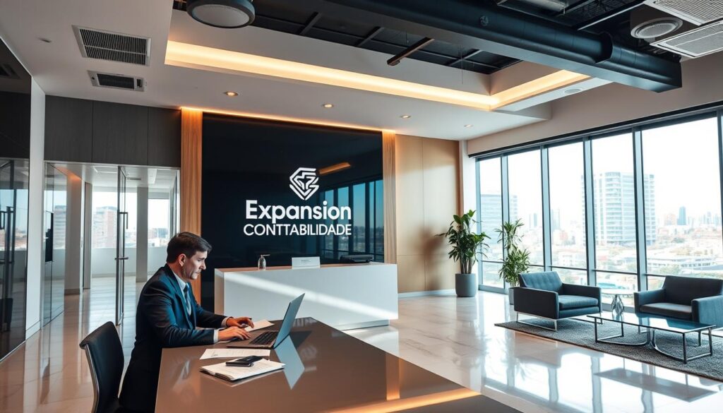 An interior view of a modern accounting office, featuring sleek furniture and a contemporary design. In the foreground, a professional accountant in business attire sits at a desk, reviewing financial documents and using a laptop. The middle includes a stylish reception area with a logo displaying "Expansion Contabilidade" prominently on an elegant wall. In the background, large windows let in natural light, revealing a bustling cityscape of São Bernardo do Campo. The scene is well-lit, with a warm and inviting atmosphere, showcasing an environment conducive to client meetings and professional collaboration. The angle is slightly elevated, capturing the overall ambiance and organization of the space without any text or distractions.