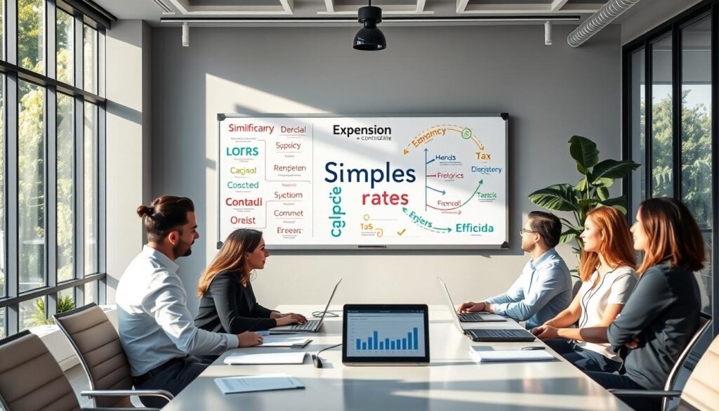 An inviting and informative office scene showcasing the benefits of "Simples Nacional." In the foreground, a diverse group of professionals in business attire are engaged in a discussion around a modern conference table filled with documents and a laptop displaying financial graphs. The middle ground features a large whiteboard filled with colorful diagrams and keywords related to tax benefits, like "Simplification," "Lower Rates," and "Efficiency." In the background, a sleek office with large windows letting in natural light, casting soft shadows, and greenery visible outside, creates a serene atmosphere. The focus provides a sense of collaboration and growth. Include the brand name "Expansion Contabilidade" prominently in the scene as part of a poster or wall art.