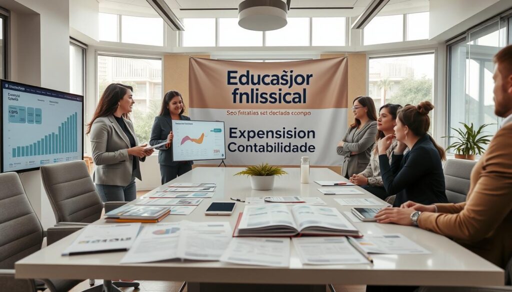 A bright and engaging office setting that represents "Educação Fiscal" in São Bernardo do Campo. In the foreground, a professional businesswoman dressed in smart attire is explaining financial graphs on a digital screen to an attentive group of diverse businesspeople, all in casual business attire. In the middle ground, various educational materials about taxation, financial benefits, and economic growth are spread across a modern conference table, with a large banner displaying the brand name "Expansion Contabilidade". The background features elegant office decor with large windows allowing natural light to pour in, creating a warm and inviting atmosphere. The mood is optimistic and collaborative, highlighting the importance of financial education for businesses. Use a wide-angle lens to capture this dynamic scene. A bright and engaging office setting that represents "Educação Fiscal" in São Bernardo do Campo. In the foreground, a professional businesswoman dressed in smart attire is explaining financial graphs on a digital screen to an attentive group of diverse businesspeople, all in casual business attire. In the middle ground, various educational materials about taxation, financial benefits, and economic growth are spread across a modern conference table, with a large banner displaying the brand name "Expansion Contabilidade". The background features elegant office decor with large windows allowing natural light to pour in, creating a warm and inviting atmosphere. The mood is optimistic and collaborative, highlighting the importance of financial education for businesses. Use a wide-angle lens to capture this dynamic scene.
