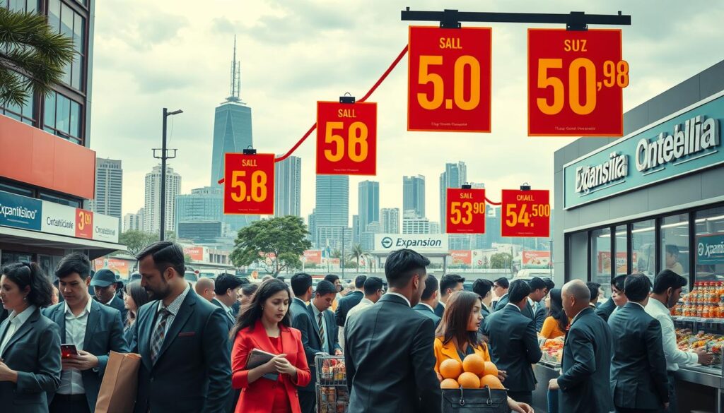 A bustling urban scene depicting a stark contrast between consumers and rising prices, set in São Bernardo do Campo. In the foreground, a diverse group of professional individuals dressed in business attire, looking concerned as they analyze price tags at a local market. The middle ground features vibrant, eye-catching price tags showing escalating numbers, with some tags illustrated as visually overwhelming, suggesting a drastic increase. In the background, the iconic city skyline with a slight overcast sky, hinting at an uneasy economic atmosphere. Incorporate elements of the brand name "Expansion Contabilidade" subtly in a storefront on a nearby building. The lighting is bright but slightly dimmed, creating a serious and urgent mood, as if capturing the heightened urgency of consumers grappling with these changes.