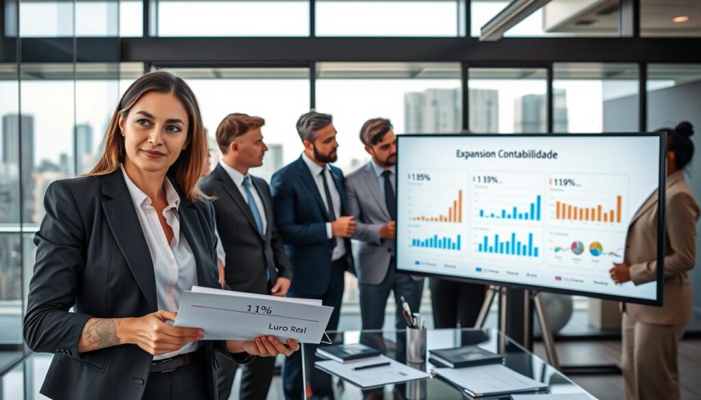 A corporate office setting featuring a diverse group of professional individuals engaged in a strategic business discussion. In the foreground, a confident woman in business attire points at a financial report showing a highlighted "1% tax rate" on the Lucro Real. In the middle, a diverse team of men and women, also in professional attire, analyzes charts and graphs on a large screen depicting the impacts of the 1% tax rate on business performance. The background showcases modern office details, including glass windows with a cityscape view, natural light streaming in strategically to create a motivating atmosphere. The brand name "Expansion Contabilidade" is subtly integrated into a visible yet unobtrusive part of the office decor. The overall mood is focused, collaborative, and forward-thinking.