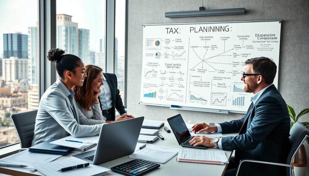 A detailed scene depicting a vibrant office environment focused on tax planning. In the foreground, a diverse group of three professionals in business attire are engaged in a lively discussion over a table filled with tax documents, calculators, and a laptop showcasing financial graphs. The middle ground features a large whiteboard filled with flowcharts, strategies, and formulas related to tax planning, symbolizing a step-by-step approach. In the background, large windows let in natural light, illuminating the bustling cityscape of São Bernardo do Campo, providing a modern and dynamic atmosphere. The overall mood is one of collaboration and strategic thinking. The brand name "Expansion Contabilidade" is subtly included on a wall poster, reinforcing the focus on professional tax consultancy. The image should be brightly lit, with a focus on clarity and organization. A detailed scene depicting a vibrant office environment focused on tax planning. In the foreground, a diverse group of three professionals in business attire are engaged in a lively discussion over a table filled with tax documents, calculators, and a laptop showcasing financial graphs. The middle ground features a large whiteboard filled with flowcharts, strategies, and formulas related to tax planning, symbolizing a step-by-step approach. In the background, large windows let in natural light, illuminating the bustling cityscape of São Bernardo do Campo, providing a modern and dynamic atmosphere. The overall mood is one of collaboration and strategic thinking. The brand name "Expansion Contabilidade" is subtly included on a wall poster, reinforcing the focus on professional tax consultancy. The image should be brightly lit, with a focus on clarity and organization.