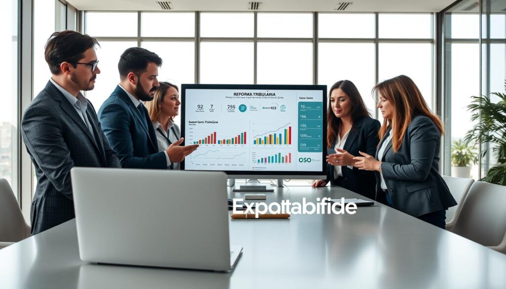 A diverse group of business professionals in a modern office setting, engaged in a serious discussion around a large table, analyzing charts and graphs on a digital screen showing "Reforma Tributária" impacts across various sectors. Foreground features a detailed laptop with financial spreadsheets. In the middle, the professionals, dressed in formal business attire, are predominantly focused and gesturing towards the projections. Background displays a sleek office design with large windows that allow natural light to flood in, creating a bright and optimistic atmosphere. The colors are soft yet professional, with a hint of urgency in the air, symbolizing the critical analysis of the changes expected from 2026 to 2033. Incorporate the brand name "Expansion Contabilidade" subtly within the office décor.