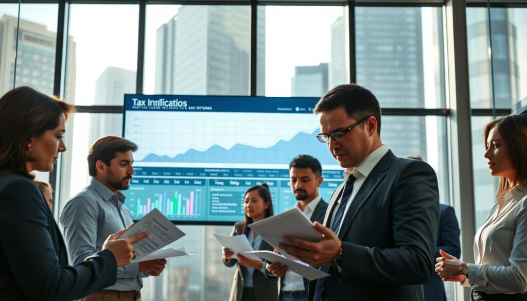 A dynamic financial scene illustrating "Impactos Financeiros" of tax reform, set in a modern office environment in São Bernardo do Campo. In the foreground, a diverse group of professionals in business attire analyze financial documents and graphs, with expressions of focus and concern. The middle ground features a large digital screen displaying fluctuating financial graphs and statistics related to tax impacts. In the background, tall office buildings loom, symbolizing the corporate landscape. Soft, natural lighting filters through large windows, casting gentle shadows and creating a professional atmosphere. The overall mood is serious yet hopeful, with a hint of urgency. Include the brand name "Expansion Contabilidade" subtly incorporated into the digital screen design, ensuring no text overlays are present.