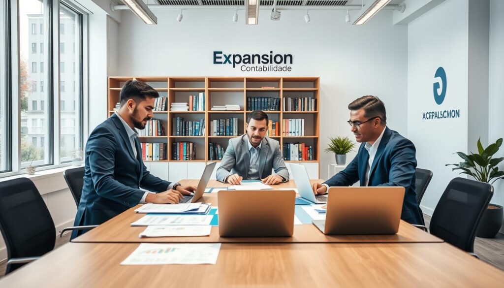 A modern accounting office in ABC Paulista, featuring sleek, minimalist design and vibrant colors. In the foreground, a diverse team of three professionals dressed in smart business attire collaborates at a large table with laptops, papers, and financial charts spread before them. The middle ground showcases large windows with natural light flooding in, illuminating the space and highlighting a professional atmosphere. A bookshelf filled with accounting books and industry publications adds a touch of sophistication. The background includes a logo of "Expansion Contabilidade" prominently displayed on a wall, emphasizing their brand. The overall mood is focused and productive, with a sense of teamwork and dedication evident in the environment. Soft, diffused lighting enhances the welcoming feel of the office, shot from a slightly elevated angle to capture both the team’s engagement and the stylish setup.