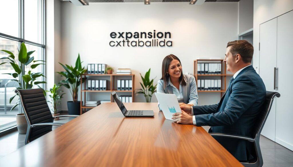 A modern accounting office interior designed for client consultations, featuring a sleek reception area with a polished wooden desk and ergonomic chairs. In the foreground, a professional accountant in business attire is engaged in a discussion with a client, both smiling and focused on a laptop showing financial graphs. The middle ground includes shelves lined with accounting books and neatly arranged folders, while plants add a touch of greenery. In the background, large windows allow natural light to flood the space, illuminating the brand name "Expansion Contabilidade" on the wall. The overall atmosphere conveys professionalism, trust, and modern efficiency, shot from a slightly elevated angle to capture the layout effectively. Soft, warm lighting enhances the welcoming feel of the office environment.