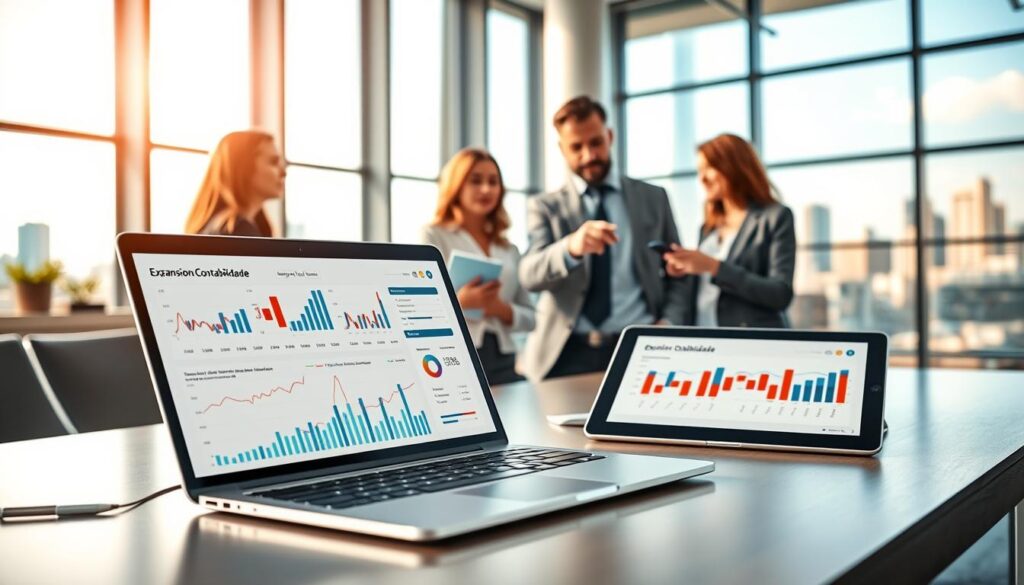 A modern digital workspace emphasizing "digital tax planning" in a corporate setting. In the foreground, a laptop with financial charts and graphs is open, next to it a sleek tablet displaying tax software. In the middle ground, a diverse team of professionals in business attire collaboratively discussing strategies, pointing at visual displays of data. The background features a bright, airy office with large windows revealing a city skyline. Soft natural light fills the space, casting gentle shadows. The mood is focused and productive, showcasing innovation and teamwork. Include a subtle branding element featuring “Expansion Contabilidade” on the laptop screen. The scene captures the critical importance of effective planning in the digital era. A modern digital workspace emphasizing "digital tax planning" in a corporate setting. In the foreground, a laptop with financial charts and graphs is open, next to it a sleek tablet displaying tax software. In the middle ground, a diverse team of professionals in business attire collaboratively discussing strategies, pointing at visual displays of data. The background features a bright, airy office with large windows revealing a city skyline. Soft natural light fills the space, casting gentle shadows. The mood is focused and productive, showcasing innovation and teamwork. Include a subtle branding element featuring “Expansion Contabilidade” on the laptop screen. The scene captures the critical importance of effective planning in the digital era.