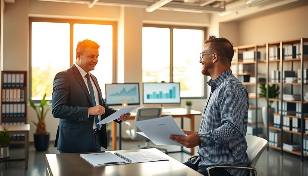 A modern office environment illustrating the advantages of switching to a more efficient accounting firm, Expansion Contabilidade. In the foreground, a confident, professional accountant in business attire is discussing financial documents with a satisfied small business owner, who appears engaged and relieved. In the middle ground, a well-organized office space is shown, featuring a sleek desk, a computer with graphs on the screen, and shelves filled with financial books. The background showcases large windows allowing warm, natural light to flood the room, enhancing a productive and optimistic atmosphere. The scene captures a sense of collaboration and efficiency, emphasizing the benefits of professional accounting services in São Bernardo do Campo.