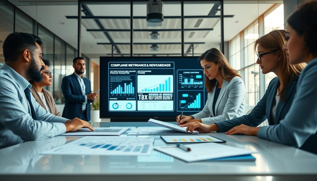 A modern office environment in São Bernardo do Campo, showcasing a diverse group of professionals engaged in a collaborative discussion about compliance and accounting practices. In the foreground, a male and female consultant in professional business attire examine financial documents and graphs on a sleek conference table. The middle section features a large digital screen displaying compliance metrics and tax reform visuals, symbolizing the essence of the new era in accounting. The background includes a stylish, contemporary office with large windows allowing natural light to pour in, creating an uplifting atmosphere. The overall mood is focused and determined, reflecting the importance of compliance in navigating the evolving financial landscape. Subtly include the logo of "Expansion Contabilidade" on the digital display. Soft lighting creates a warm yet professional ambiance.