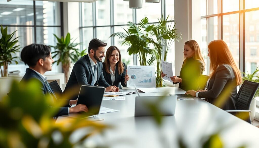 A modern office environment representing "Expansion Contabilidade" in São Bernado do Campo. In the foreground, a diverse team of four professionals, dressed in smart business attire, engages in a collaborative meeting around a large conference table. They are examining financial reports and discussing strategies, showcasing expertise in accounting. The middle ground features a sleek, well-organized workspace with financial charts and a laptop displaying data analytics. The background includes large windows with natural light streaming in, illuminating the office's contemporary design with green plants and minimalist decor. The atmosphere is focused and positive, conveying a sense of professionalism and teamwork in problem-solving. Use soft, warm lighting to enhance the inviting feel of the office. A modern office environment representing "Expansion Contabilidade" in São Bernado do Campo. In the foreground, a diverse team of four professionals, dressed in smart business attire, engages in a collaborative meeting around a large conference table. They are examining financial reports and discussing strategies, showcasing expertise in accounting. The middle ground features a sleek, well-organized workspace with financial charts and a laptop displaying data analytics. The background includes large windows with natural light streaming in, illuminating the office's contemporary design with green plants and minimalist decor. The atmosphere is focused and positive, conveying a sense of professionalism and teamwork in problem-solving. Use soft, warm lighting to enhance the inviting feel of the office.