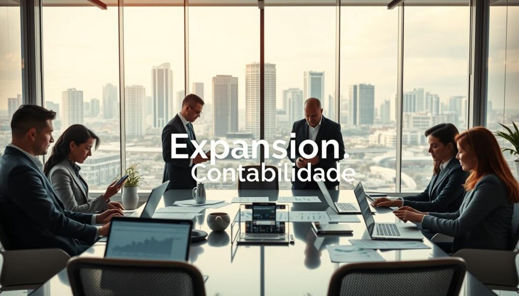 A modern office environment showcasing advanced accounting technology for businesses with high revenue. In the foreground, a diverse group of professionals in business attire collaborate over digital devices, analyzing charts and financial data. The middle ground features a sleek conference table with laptops and financial documents, surrounded by large windows allowing natural light to flood the space. In the background, a modern cityscape of São Bernardo do Campo can be seen through the glass, symbolizing growth and expansion. The atmosphere is productive and inspiring, with a steady focus on innovation in accounting practices. Include the brand name "Expansion Contabilidade" subtly integrated into the office design. Use a wide-angle lens to capture depth and clarity, with warm lighting to create an inviting mood. A modern office environment showcasing advanced accounting technology for businesses with high revenue. In the foreground, a diverse group of professionals in business attire collaborate over digital devices, analyzing charts and financial data. The middle ground features a sleek conference table with laptops and financial documents, surrounded by large windows allowing natural light to flood the space. In the background, a modern cityscape of São Bernardo do Campo can be seen through the glass, symbolizing growth and expansion. The atmosphere is productive and inspiring, with a steady focus on innovation in accounting practices. Include the brand name "Expansion Contabilidade" subtly integrated into the office design. Use a wide-angle lens to capture depth and clarity, with warm lighting to create an inviting mood.