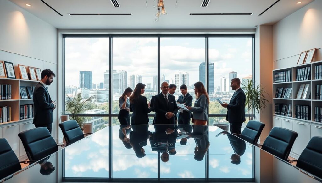 A modern office interior of "Expansion Contabilidade" located in São Bernardo do Campo, showcasing a sleek, professional environment. In the foreground, a glass conference table surrounded by business professionals in smart attire discussing financial documents. In the middle, a large window displaying the skyline of São Bernardo do Campo with city buildings and greenery outside, allowing natural light to flood the room. In the background, bookshelves filled with accounting books and certificates hinting at expertise and professionalism. Soft, warm lighting creates an inviting and productive atmosphere, emphasizing the importance of location in business. The angle is a slightly elevated view to capture the entire scene, ensuring clarity and focus on the central theme of expansion and professional service in accounting.
