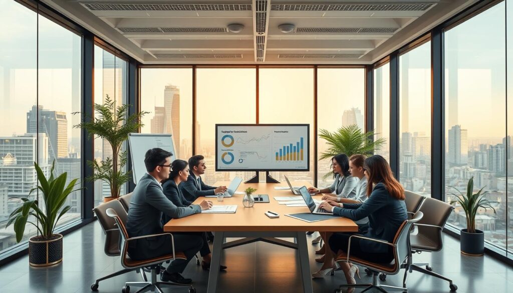 A modern office interior showcasing "Expansion Contabilidade," specializing in accounting services for mid-sized companies in São Bernardo do Campo, ABC Paulista. In the foreground, a diverse group of professionals in smart business attire engage in a meeting around a large conference table, analyzing financial documents. The middle ground features stylish office furniture, a large whiteboard with financial charts, and potted plants adding a touch of greenery. In the background, large windows frame a cityscape, letting in warm, natural light that creates an inviting atmosphere. The image should capture a sense of professionalism, teamwork, and growth, highlighting the importance of specialized accounting services. Use a wide-angle lens to emphasize the collaborative environment and ensure a clean, well-organized composition without any text or overlays.