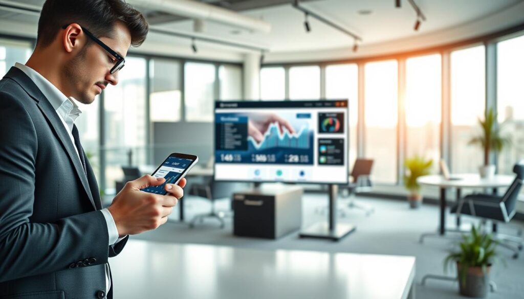 A modern office scene illustrating the concept of mobile responsiveness in accounting. In the foreground, a professional accountant, dressed in smart business attire, analyzes financial data on a sleek smartphone, displaying graphs and numbers vividly. The middle ground features a stylish office workspace with a large monitor showcasing a responsive website design, adapting smoothly across various screen sizes. In the background, large windows allow natural light to flood in, enhancing the atmosphere of productivity and innovation. The room is furnished with contemporary decor, emphasizing a balance between professionalism and comfort. The overall mood is dynamic and forward-thinking, embodying the brand "Expansion Contabilidade" as a leader in adaptable solutions for complex businesses. A modern office scene illustrating the concept of mobile responsiveness in accounting. In the foreground, a professional accountant, dressed in smart business attire, analyzes financial data on a sleek smartphone, displaying graphs and numbers vividly. The middle ground features a stylish office workspace with a large monitor showcasing a responsive website design, adapting smoothly across various screen sizes. In the background, large windows allow natural light to flood in, enhancing the atmosphere of productivity and innovation. The room is furnished with contemporary decor, emphasizing a balance between professionalism and comfort. The overall mood is dynamic and forward-thinking, embodying the brand "Expansion Contabilidade" as a leader in adaptable solutions for complex businesses.