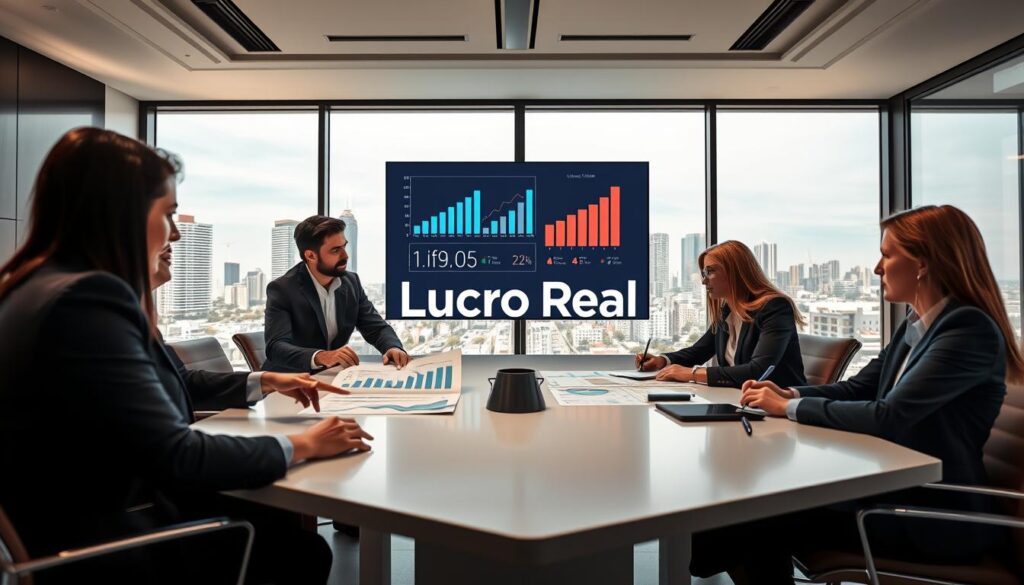 A modern office setting depicting the concept of "Lucro Real" in accounting. In the foreground, a diverse group of professionals in business attire collaboratively analyze financial reports on a sleek conference table. One person points to a chart illustrating profit margins, emphasizing strategic decision-making. In the middle ground, a large digital screen displays graphs and statistics relevant to Lucro Real, highlighting its benefits and intricacies. The background features large windows with a view of a bustling São Bernardo do Campo skyline, symbolizing growth and opportunity. Soft, balanced lighting creates a focused yet inviting atmosphere, while a wide-angle lens captures the teamwork and engagement within the space. Include the brand name "Expansion Contabilidade" in a subtle way within the office environment, ensuring the scene reflects professionalism and clarity.