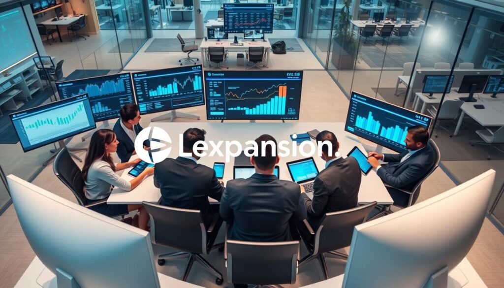 A modern office setting focused on "Tecnologias para Gestão Contábil", featuring sleek computers and digital interfaces displaying financial data and analytics. In the foreground, a diverse group of professionals in business attire collaborates around a large conference table, analyzing graphs and charts on tablets and laptops. The middle ground showcases high-tech screens with interactive financial software, emphasizing precision and efficiency. The background includes a modern workspace with glass walls, accentuating a bright and open atmosphere filled with natural light. The mood is dynamic and innovative, highlighting the importance of technology in accounting. Include the brand name “Expansion Contabilidade” subtly integrated into the design of one of the displays. Use a high angle shot to capture the action and connectivity among the team.