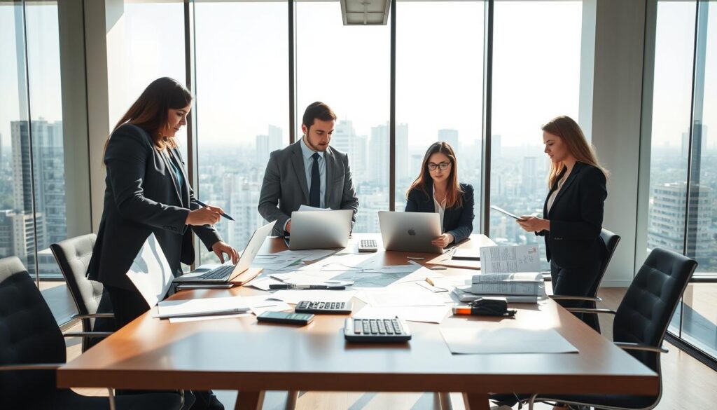 A modern office setting in São Bernado do Campo, showcasing a professional interaction between a diverse team of accountants. In the foreground, two accountants, a man and a woman, both dressed in formal business attire, are analyzing financial documents and discussing strategies. The middle of the scene features a large conference table strewn with papers, laptops, and calculators, symbolizing tax regularization efforts. In the background, a sleek glass window reveals the city skyline, allowing natural light to flood the room, creating a bright and inviting atmosphere. The overall mood is one of professionalism and collaboration, emphasizing the role of Expansion Contabilidade in resolving fiscal issues for businesses. Ensure the image is clean and strictly professional, without any text or logos.
