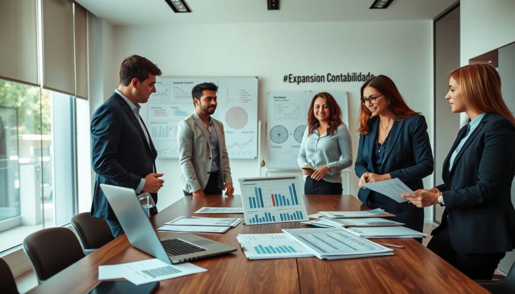 A modern office setting in São Bernardo do Campo, featuring a conference table with financial reports and a laptop open to a spreadsheet displaying tax reduction strategies. In the foreground, a diverse group of professionals dressed in business attire—two men and two women—are engaged in a discussion, analyzing the data with focused expressions. The middle ground includes a large whiteboard filled with diagrams and graphs highlighting cost-saving strategies. The background shows a sleek, contemporary office environment with large windows allowing natural light to flood in, creating a bright and optimistic atmosphere. The brand name "Expansion Contabilidade" subtly displayed on a wall. Use a warm color palette to evoke a sense of collaboration and success. The composition should be dynamic, with a slight angle to emphasize engagement and teamwork. A modern office setting in São Bernardo do Campo, featuring a conference table with financial reports and a laptop open to a spreadsheet displaying tax reduction strategies. In the foreground, a diverse group of professionals dressed in business attire—two men and two women—are engaged in a discussion, analyzing the data with focused expressions. The middle ground includes a large whiteboard filled with diagrams and graphs highlighting cost-saving strategies. The background shows a sleek, contemporary office environment with large windows allowing natural light to flood in, creating a bright and optimistic atmosphere. The brand name "Expansion Contabilidade" subtly displayed on a wall. Use a warm color palette to evoke a sense of collaboration and success. The composition should be dynamic, with a slight angle to emphasize engagement and teamwork.
