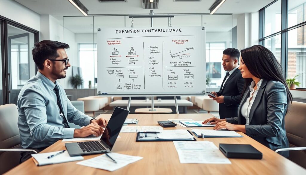 A modern office setting in São Bernardo do Campo, showcasing "Expansion Contabilidade". In the foreground, a diverse team of three professionals in business attire are engaged in a discussion around a large table filled with financial documents, laptops, and a calculator. The middle layer features a large whiteboard with diagrams and charts illustrating accounting adjustments, symbolizing a strategic planning approach for transitioning from Simples to Lucro Real or Presumido. In the background, sleek office furniture and large windows let in natural light, creating a productive atmosphere. The overall mood is focused and collaborative, emphasizing preparation and teamwork in a professional environment, with a bright and inviting color palette.