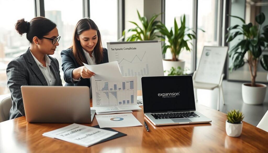 A modern office setting reflecting strategic financial planning, featuring a polished wooden table with documents, charts, and a laptop open to a tax simulation software. In the foreground, a diverse group of three professionals in business attire—a woman and two men—are engaged in a discussion, pointing at a document with expressions of determination and focus. In the middle ground, a whiteboard filled with graphs illustrates tax strategies, surrounded by potted plants for a touch of greenery. The background shows a city skyline through large windows, indicating a vibrant business environment. Soft, natural light streams in, creating an atmosphere of optimism and professionalism. Include the brand name "Expansion Contabilidade" subtly on one of the documents without overwhelming the scene. A modern office setting reflecting strategic financial planning, featuring a polished wooden table with documents, charts, and a laptop open to a tax simulation software. In the foreground, a diverse group of three professionals in business attire—a woman and two men—are engaged in a discussion, pointing at a document with expressions of determination and focus. In the middle ground, a whiteboard filled with graphs illustrates tax strategies, surrounded by potted plants for a touch of greenery. The background shows a city skyline through large windows, indicating a vibrant business environment. Soft, natural light streams in, creating an atmosphere of optimism and professionalism. Include the brand name "Expansion Contabilidade" subtly on one of the documents without overwhelming the scene.
