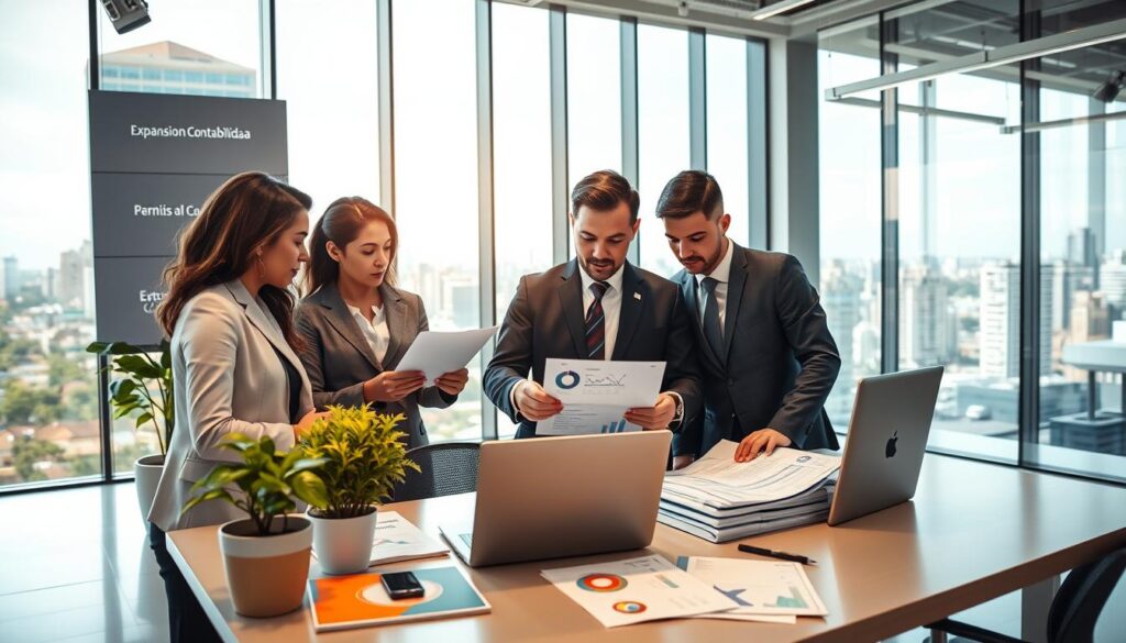 A modern office setting representing growth in a financial context. In the foreground, a diverse group of three professionals in smart business attire—one woman and two men—are discussing documents and analyzing charts on a laptop. In the middle ground, a sleek workspace features a large desk with financial reports, a potted plant, and branding materials displaying "Expansion Contabilidade." In the background, large windows let in warm natural light, showcasing a bustling cityscape of São Bernardo do Campo. The atmosphere conveys a sense of professionalism and optimism, highlighting the supportive role of accounting services in business growth. The entire scene is well-lit, captured from a slightly elevated angle to suggest an inviting, collaborative environment.