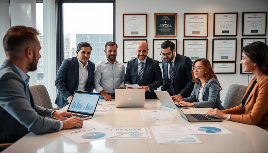 A modern office setting showcasing a successful industrial accounting meeting in São Bernardo do Campo. In the foreground, a diverse group of three professionals in smart business attire engaged in a collaborative discussion around a large conference table, covered with financial reports and laptops displaying graphs. The middle ground features a bright, airy office space with large windows allowing natural light to flood in, creating a warm and inviting atmosphere. The background includes framed awards and certificates celebrating the achievements of "Expansion Contabilidade," emphasizing their expertise in industrial accounting. The lighting is soft yet focused, highlighting the participants' expressions of determination and success. The overall mood is productive and professional, illustrating trust and collaboration in the field of industrial accounting.