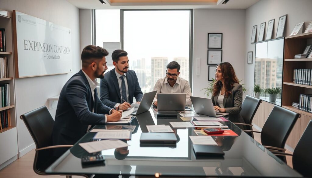 A modern, professional accounting office scene in São Bernardo do Campo, featuring the brand name "Expansion Contabilidade" prominently displayed on a sleek office sign. In the foreground, a diverse group of three business professionals—two men and a woman—are engaged in a discussion around a glass conference table filled with financial documents, laptops, and calculators. The middle ground displays a large window with natural light streaming in, illuminating a modern cityscape outside. Background elements include bookshelves filled with accounting books and certifications on the wall, conveying credibility and expertise. The atmosphere is bright, inviting, and focused, showcasing a productive environment ideal for demanding quality accounting services. The composition employs soft lighting to create a welcoming ambiance, shot from a slightly elevated angle for added depth.