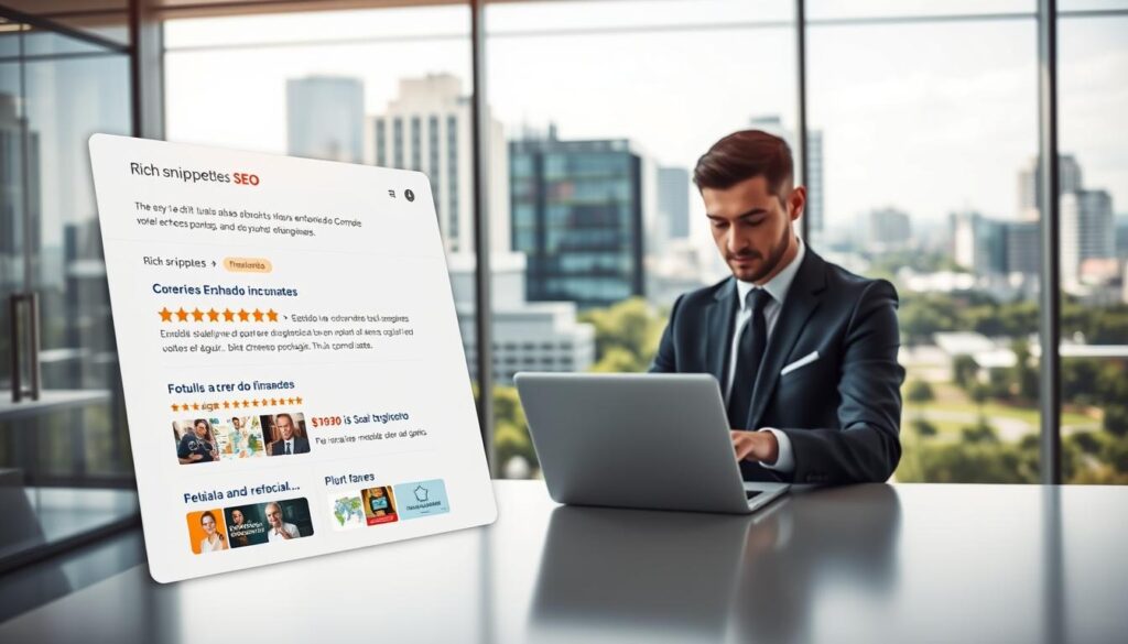 A modern, sleek office environment representing "rich snippets" for SEO. In the foreground, a detailed digital mockup of rich snippets with vibrant, eye-catching visuals, showcasing star ratings, images, and succinct summaries. The middle space features a professional business person, dressed in smart business attire, analyzing data on a laptop, emphasizing the importance of SEO in finance. The background includes a cityscape of São Bernardo do Campo, incorporating elements like high-rise buildings and green parks, bathed in natural daylight, creating an inviting and productive atmosphere. Soft focus on the background enhances the main subjects while ensuring the brand "Expansion Contabilidade" is subtly incorporated into the office design. The overall mood is professional, inspiring, and focused on innovation.