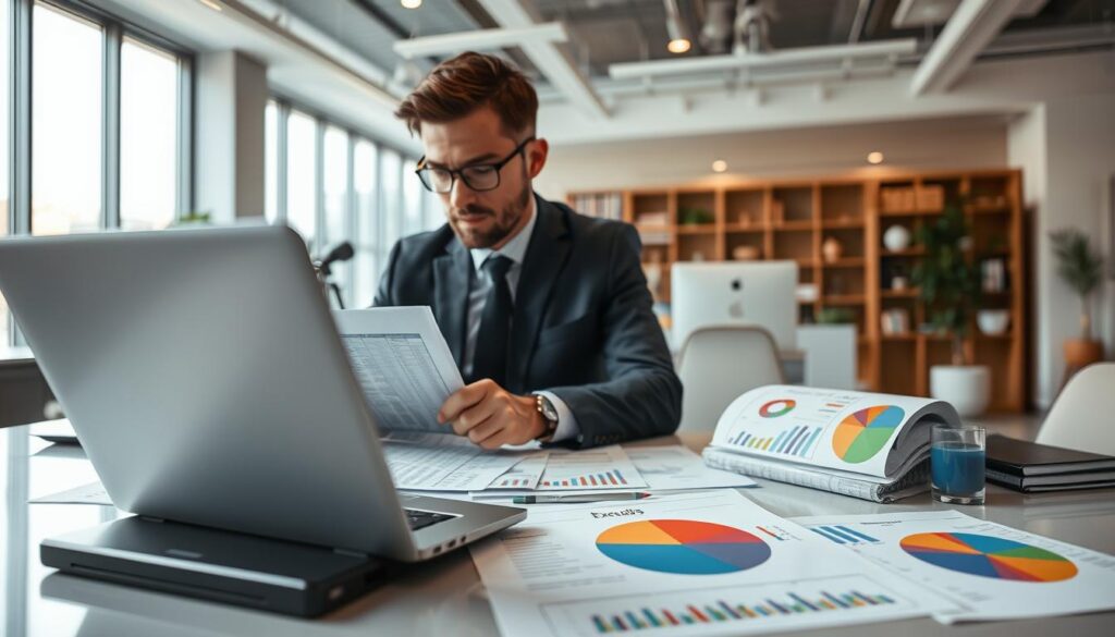 A professional accountant analyzing tax data in an office setting, surrounded by detailed financial documents, charts, and graphs depicting excessive tax expenses. The foreground shows the accountant, dressed in smart business attire, deeply focused on reviewing a spreadsheet on a modern laptop. In the middle, various tax forms and colorful pie charts illustrating tax burdens are scattered across a sleek desk. The background features a well-lit office environment with floor-to-ceiling windows, allowing natural light to brighten the space, adding a sense of clarity and professionalism. The atmosphere conveys a sense of determination and clarity, emphasizing the meticulous nature of tax analysis. Incorporate elements associated with "Expansion Contabilidade" subtly within the office decor, maintaining a cohesive tone without any text or branding visuals.