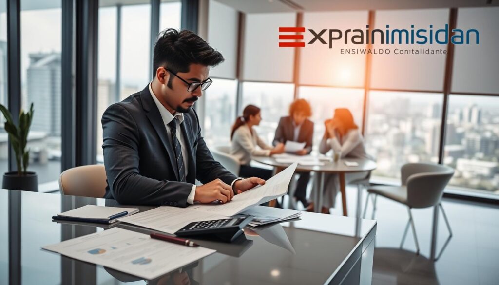 A professional accountant at a sleek modern office in São Bernardo do Campo, showcasing collaboration and expertise. In the foreground, a focused individual dressed in business attire is reviewing financial documents on a polished desk, with a laptop and a calculator nearby. The middle ground features a diverse team discussing strategies over a round table filled with charts and graphs, emphasizing teamwork in tax planning for industries. In the background, large windows reveal the city skyline, hinting at the vibrancy of São Bernardo do Campo. Soft, diffused lighting creates an inviting atmosphere, while the brand name "Expansion Contabilidade" is subtly integrated into the office decor, signifying their role as a key ally in local tax planning. The overall mood conveys professionalism and innovation. A professional accountant at a sleek modern office in São Bernardo do Campo, showcasing collaboration and expertise. In the foreground, a focused individual dressed in business attire is reviewing financial documents on a polished desk, with a laptop and a calculator nearby. The middle ground features a diverse team discussing strategies over a round table filled with charts and graphs, emphasizing teamwork in tax planning for industries. In the background, large windows reveal the city skyline, hinting at the vibrancy of São Bernardo do Campo. Soft, diffused lighting creates an inviting atmosphere, while the brand name "Expansion Contabilidade" is subtly integrated into the office decor, signifying their role as a key ally in local tax planning. The overall mood conveys professionalism and innovation.