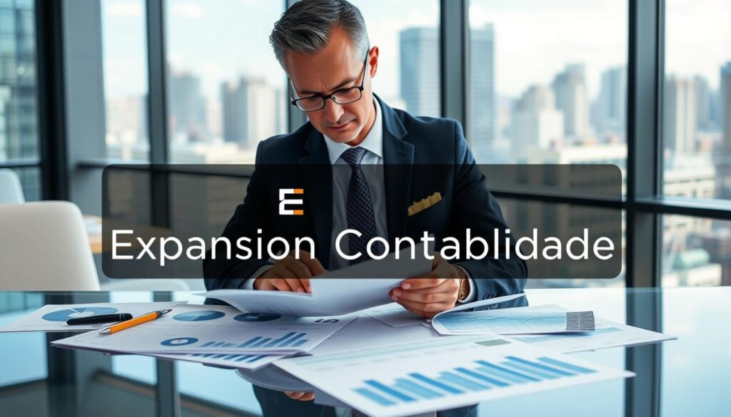 A professional accountant specializing in industrial financial consulting, depicted in a modern office setting in São Bernardo do Campo. The accountant, a middle-aged man in a tailored business suit, is analyzing financial documents on a sleek desk, surrounded by charts and graphs showcasing profit margins. In the background, large windows provide natural light and a cityscape view, enhancing the professional atmosphere. The color palette is calm and sophisticated, incorporating blues and greys. Soft focus on the background emphasizes the subject, captured in a slightly elevated angle that conveys authority and expertise. The branding "Expansion Contabilidade" is subtly integrated into the office decor, suggesting a strong professional image without any text. The overall mood is focused, dedicated, and professional. A professional accountant specializing in industrial financial consulting, depicted in a modern office setting in São Bernardo do Campo. The accountant, a middle-aged man in a tailored business suit, is analyzing financial documents on a sleek desk, surrounded by charts and graphs showcasing profit margins. In the background, large windows provide natural light and a cityscape view, enhancing the professional atmosphere. The color palette is calm and sophisticated, incorporating blues and greys. Soft focus on the background emphasizes the subject, captured in a slightly elevated angle that conveys authority and expertise. The branding "Expansion Contabilidade" is subtly integrated into the office decor, suggesting a strong professional image without any text. The overall mood is focused, dedicated, and professional.
