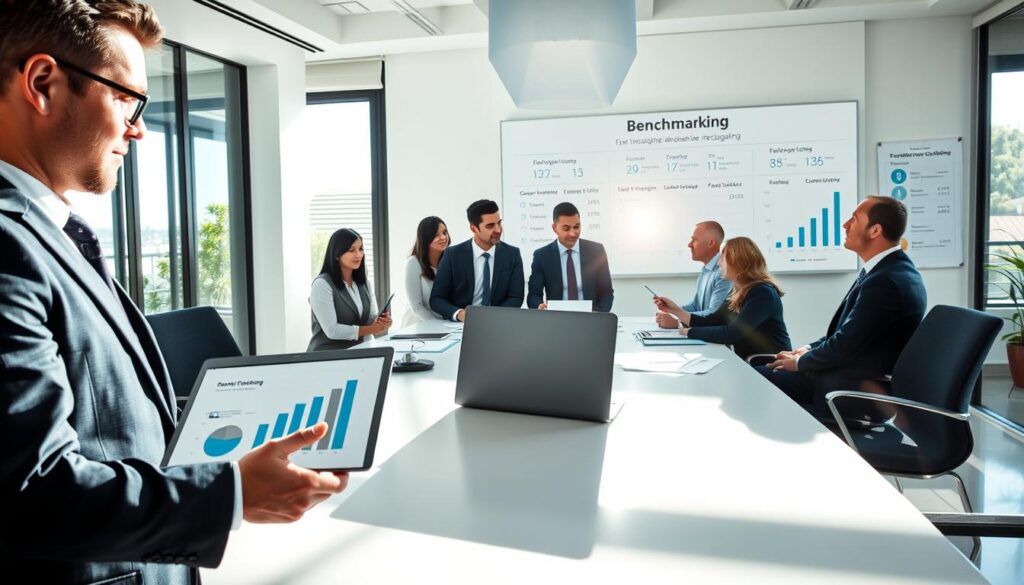 A professional business meeting scene in São Bernardo do Campo, focused on "Benchmarking Tributário." In the foreground, a sharply dressed financial consultant from "Expansion Contabilidade" engages with clients, presenting graphs and data on a sleek laptop. The middle ground features a modern, stylish conference table surrounded by diverse professionals in business attire, attentively discussing strategies. The bright, airy office space is equipped with large windows that let in natural light, creating a welcoming atmosphere. In the background, a large whiteboard displays key performance indicators and benchmarking statistics. Soft shadows enhance the space's professionalism, and a lens flare from the sunlight adds a touch of optimism and clarity to the scene. The overall mood is dynamic, focused, and collaborative. A professional business meeting scene in São Bernardo do Campo, focused on "Benchmarking Tributário." In the foreground, a sharply dressed financial consultant from "Expansion Contabilidade" engages with clients, presenting graphs and data on a sleek laptop. The middle ground features a modern, stylish conference table surrounded by diverse professionals in business attire, attentively discussing strategies. The bright, airy office space is equipped with large windows that let in natural light, creating a welcoming atmosphere. In the background, a large whiteboard displays key performance indicators and benchmarking statistics. Soft shadows enhance the space's professionalism, and a lens flare from the sunlight adds a touch of optimism and clarity to the scene. The overall mood is dynamic, focused, and collaborative.