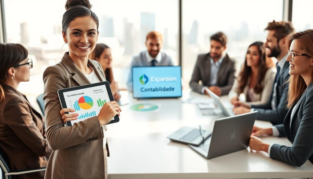 A professional business meeting taking place in a bright, modern office setting, featuring a diverse group of businesspeople discussing tax reduction strategies. In the foreground, a confident woman in a tailored suit points to a digital tablet displaying pie charts and graphs related to tax savings. The middle ground includes a diverse group of professionals engaged in discussion, showcasing a blend of focused expressions. The background features large windows with a city skyline view, allowing natural light to illuminate the scene. Soft shadows add depth, while a sleek conference table holds documents and a laptop. The overall mood is collaborative and optimistic, reflecting the theme of effective tax strategies. The brand name "Expansion Contabilidade" is subtly integrated into the laptop screen, reinforcing the professional context.