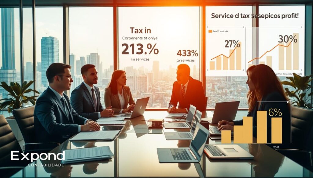 A professional business scene in São Bernardo do Campo, showcasing the implications of tax reform on corporate profits. In the foreground, a diverse group of four business professionals wearing smart business attire, engaged in a discussion around a modern conference table filled with documents and laptops. In the middle ground, a large window reveals a bustling urban skyline to reflect a dynamic economy. The background features an office environment with charts and graphs illustrating tax percentages, symbolizing the shift from 6-11% to nearly 30% in services. Warm, natural light pours in, creating a focused atmosphere filled with urgency and concern. The brand name "Expansion Contabilidade" subtly integrated into the office decor.