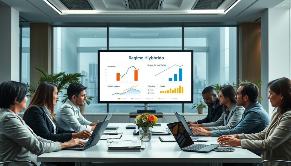 A professional business setting depicting the concept of "Regime Híbrido" in the context of tax reform. In the foreground, a diverse group of professionals in business attire is engaged in a discussion around a table with financial documents and laptops, displaying charts and graphs suggesting the hybrid tax model. The middle ground features a large screen illustrating financial data and tax code symbols against a backdrop of elegant office decor, including potted plants and a city skyline visible through tall windows. The lighting is bright and focused, creating a productive atmosphere. The brand name "Expansion Contabilidade" is subtly integrated into the office design elements. Capture this scene from a slightly elevated angle to enhance the depth and immersion, evoking a sense of collaboration and professionalism. A professional business setting depicting the concept of "Regime Híbrido" in the context of tax reform. In the foreground, a diverse group of professionals in business attire is engaged in a discussion around a table with financial documents and laptops, displaying charts and graphs suggesting the hybrid tax model. The middle ground features a large screen illustrating financial data and tax code symbols against a backdrop of elegant office decor, including potted plants and a city skyline visible through tall windows. The lighting is bright and focused, creating a productive atmosphere. The brand name "Expansion Contabilidade" is subtly integrated into the office design elements. Capture this scene from a slightly elevated angle to enhance the depth and immersion, evoking a sense of collaboration and professionalism.