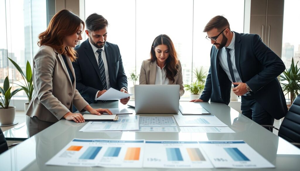 A professional business setting in São Bernardo do Campo focused on tax reform preparation. In the foreground, a diverse group of three business professionals, one woman and two men, is engaged in a discussion over documents and a laptop, all wearing business attire. In the middle, a sleek conference table filled with tax reform materials and charts illustrating the CBS and IBS rates, creating an atmosphere of collaboration and strategy. The background shows a modern office with glass walls, potted plants, and a large window revealing a cityscape. Soft, natural lighting floods the room, highlighting the professionals' focused expressions. The scene embodies a mood of urgency and professionalism, emphasizing the importance of preparing for the upcoming tax reform, with the brand "Expansion Contabilidade" subtly integrated into the office decor.